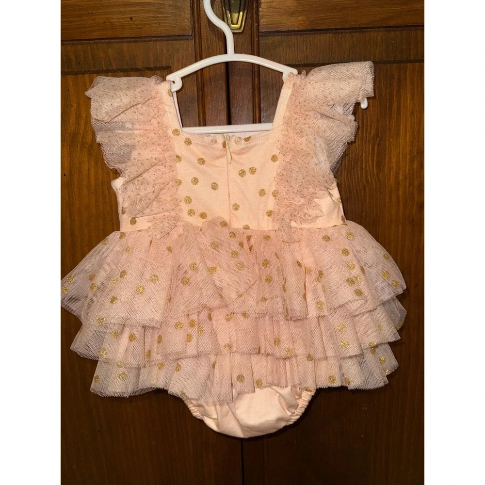 Marie Nicole Clothing Baby Girl Gold Polka Dot Tulle Tutu Romper Peach 3-6M